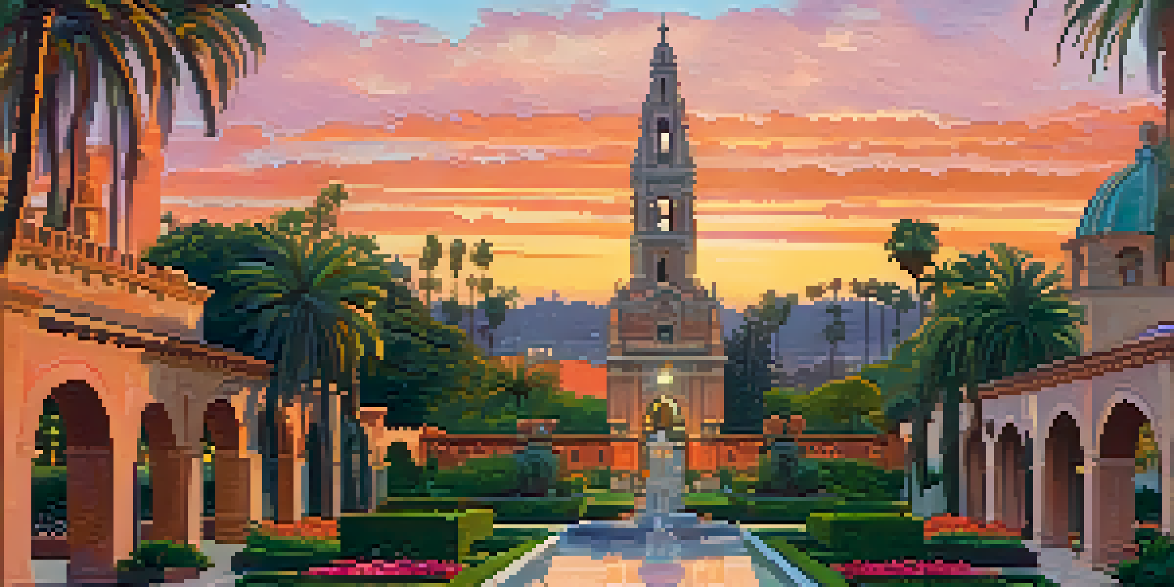 A picturesque sunset view of Balboa Park featuring the California Tower, surrounded by gardens and visitors enjoying the scenery.