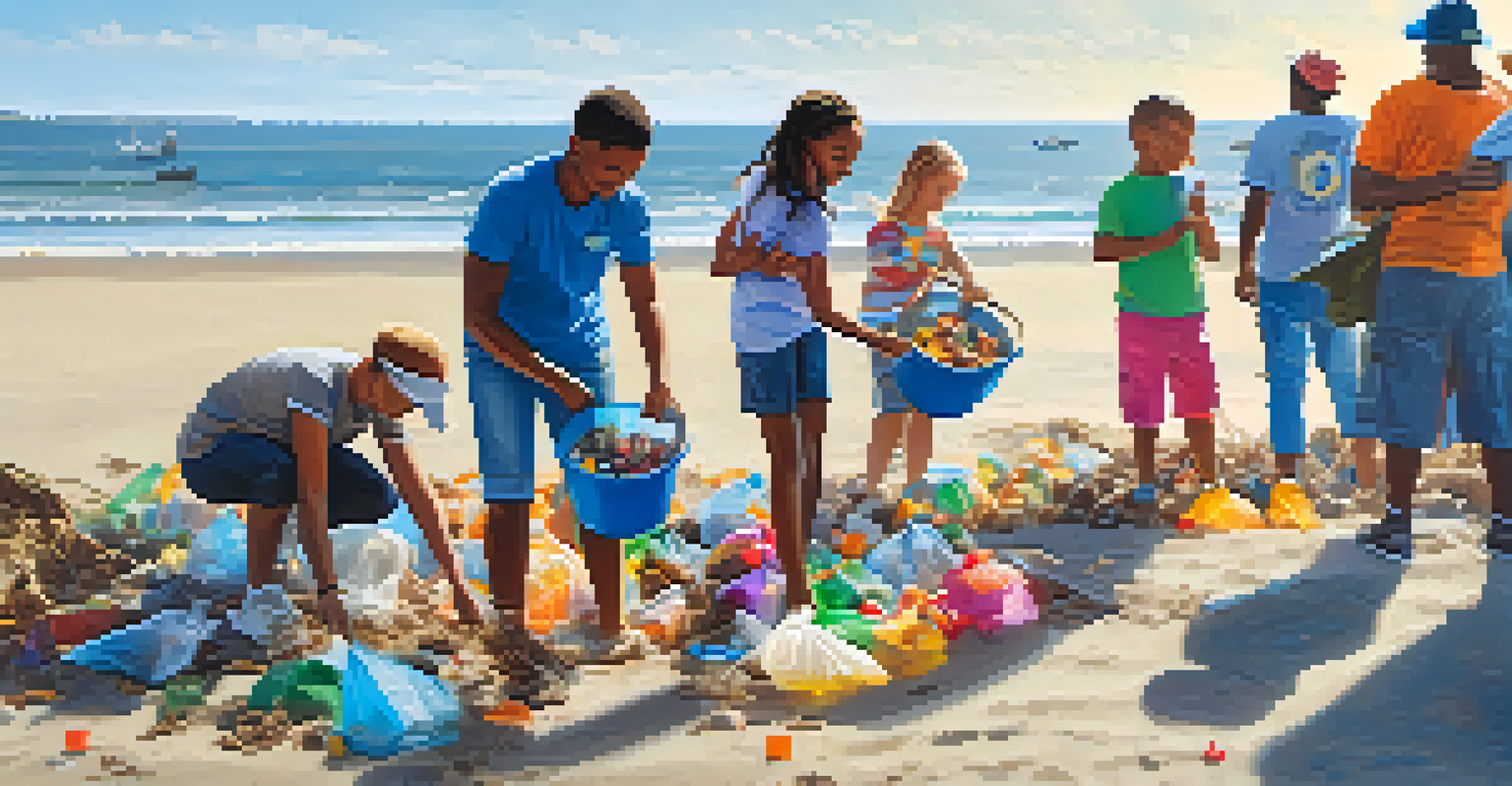 Community members participating in a beach clean-up event, collecting litter along the shoreline on a sunny day.