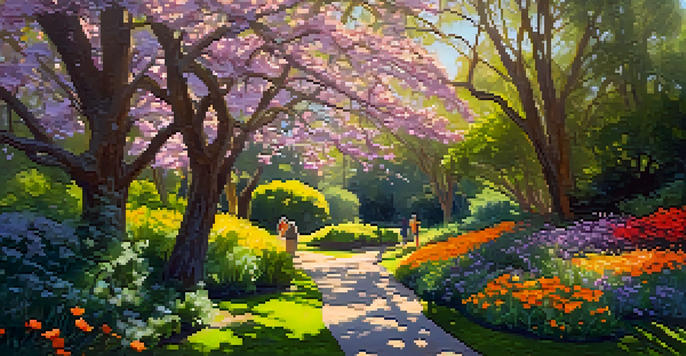 A colorful display of cherry blossoms and California poppies in a sunny botanical garden with visitors walking along the paths.