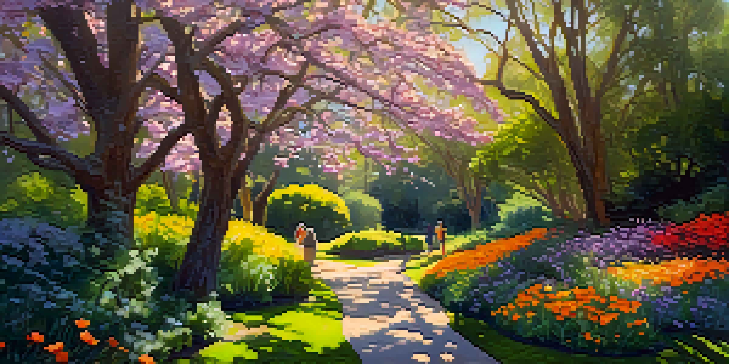 A colorful display of cherry blossoms and California poppies in a sunny botanical garden with visitors walking along the paths.