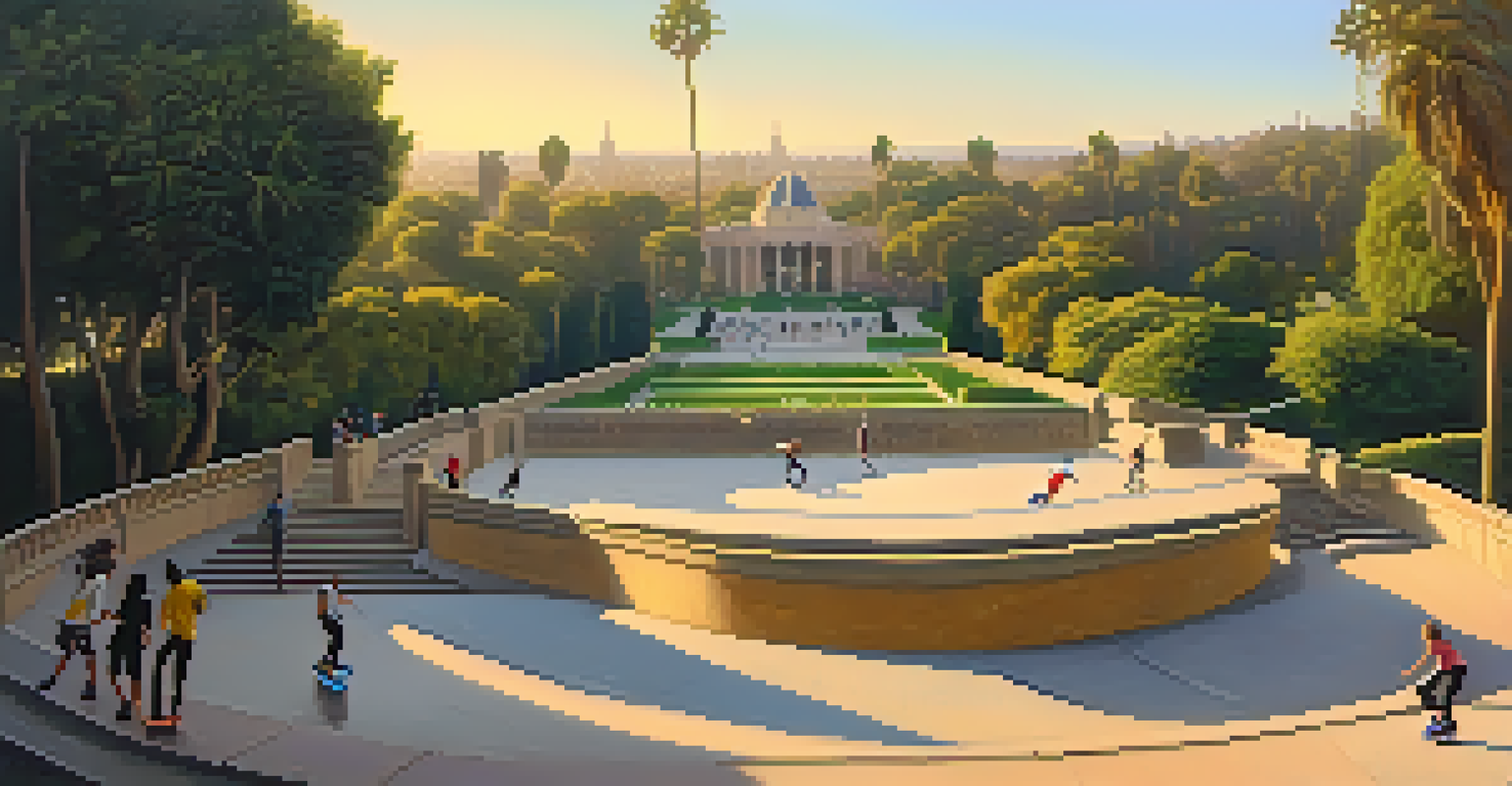 Skaters performing tricks at a picturesque skate spot surrounded by historic buildings and lush greenery during golden hour.