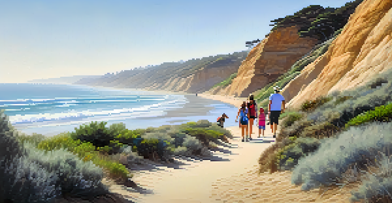 A family hiking on the Beach Trail at Torrey Pines, with children playing in the sand and adults enjoying the scenery, surrounded by greenery and ocean.
