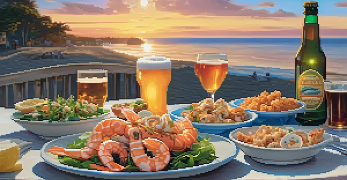 An outdoor dining table with seafood dishes and craft beer bottles, set against a sunset and ocean backdrop.