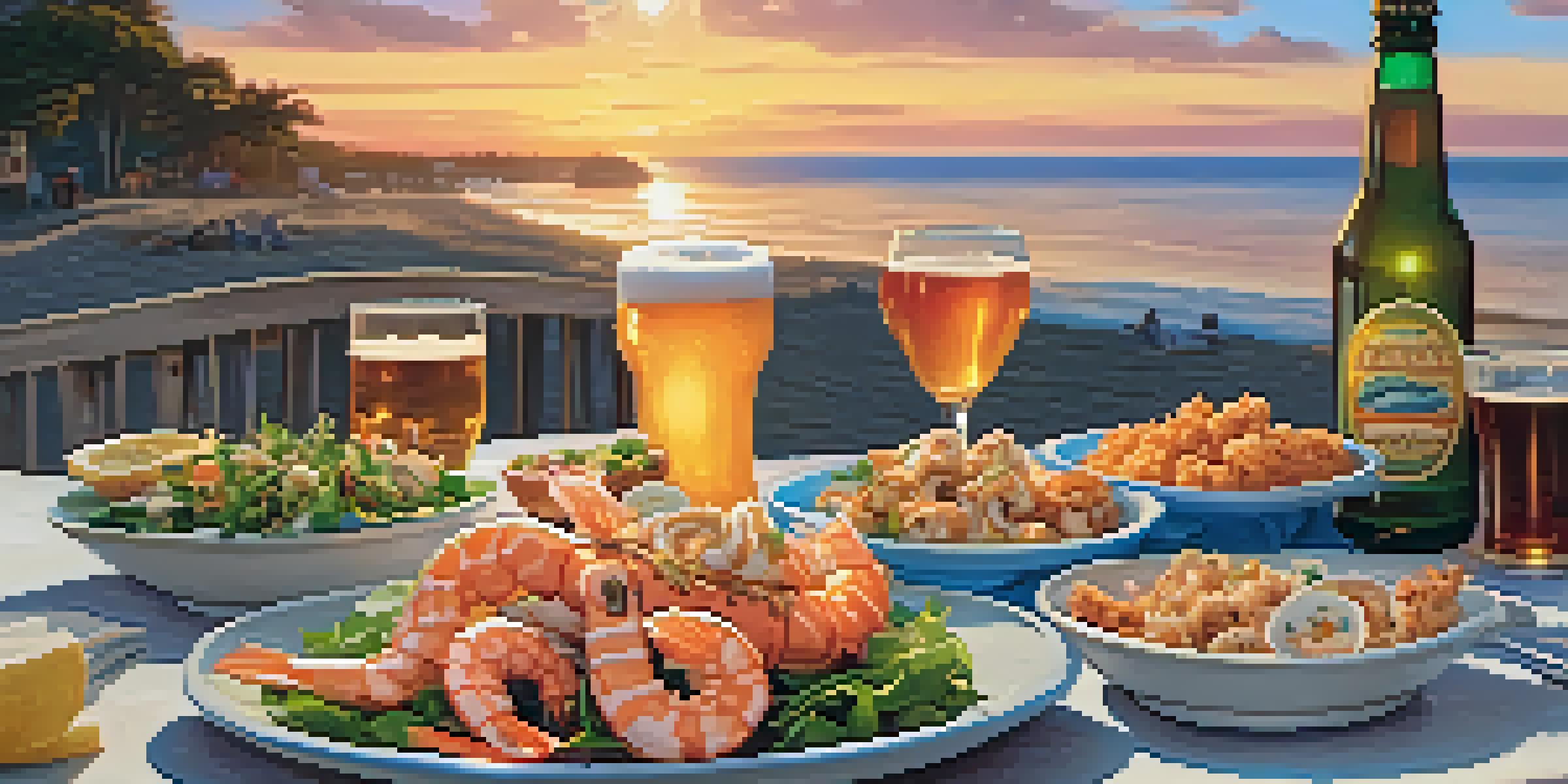 An outdoor dining table with seafood dishes and craft beer bottles, set against a sunset and ocean backdrop.