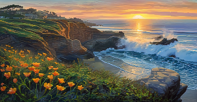 A scenic view of La Jolla Cove at sunrise, showcasing colorful skies, gentle waves, and basking seals on the rocks.
