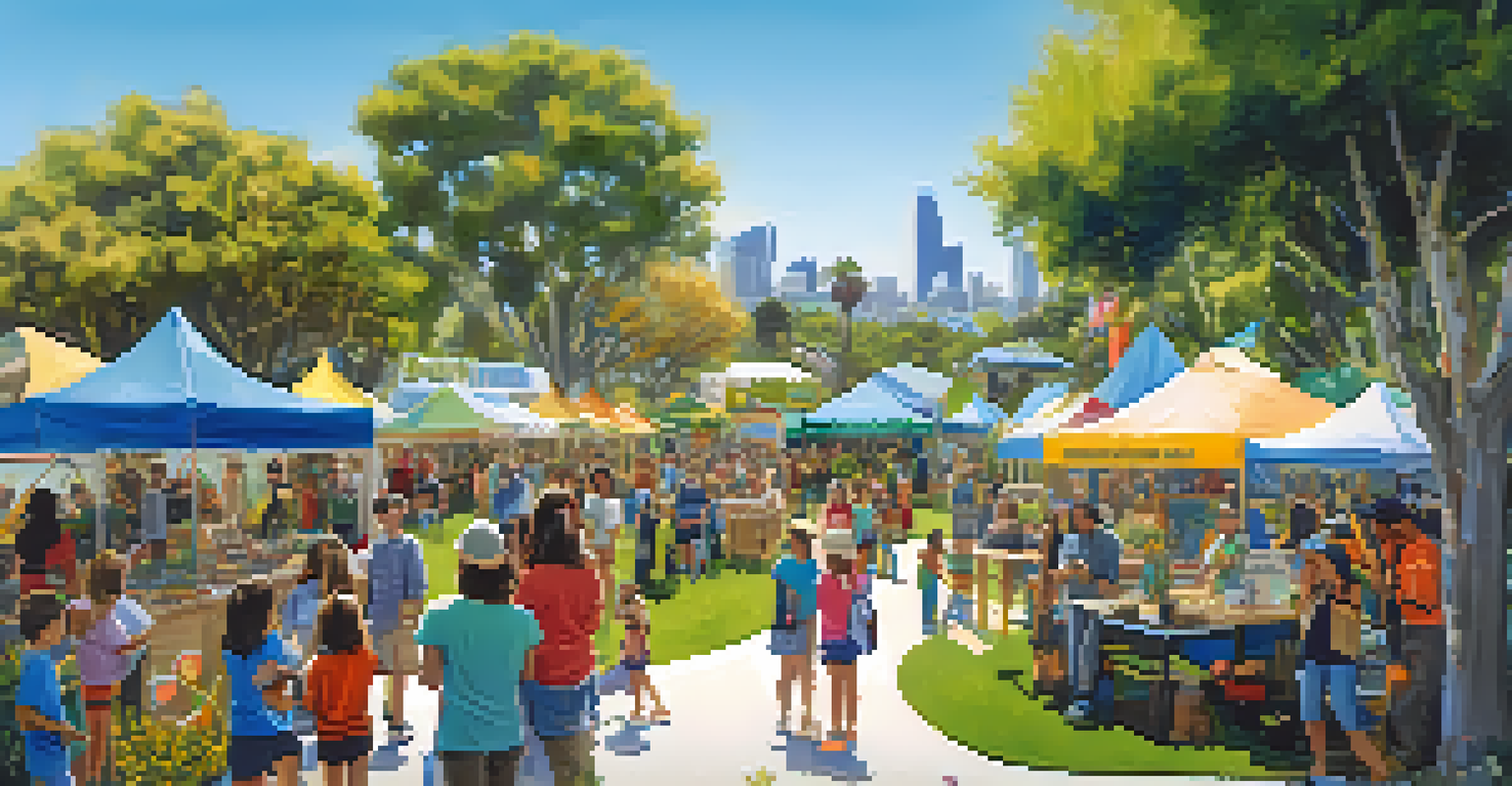 A vibrant depiction of the San Diego EarthFair featuring eco-friendly booths and families engaged in sustainability activities in a green park.