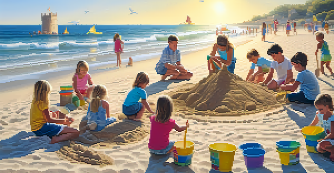 A family building a sandcastle on the beach with colorful buckets and shovels under a bright sun.