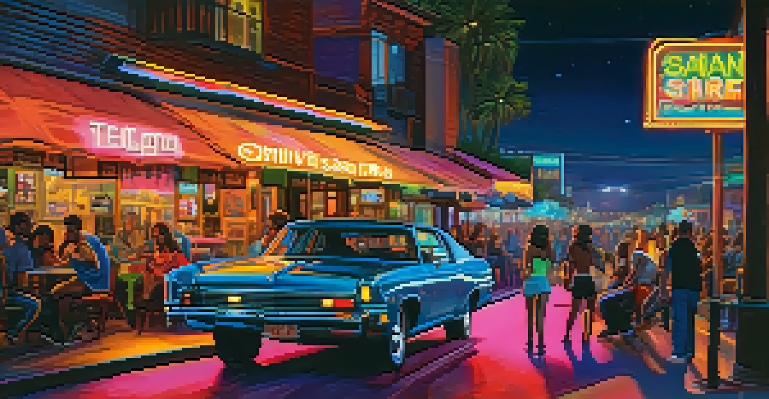 A lively nighttime scene in San Diego with a ride-sharing vehicle picking up passengers outside a bar, illuminated by neon lights.