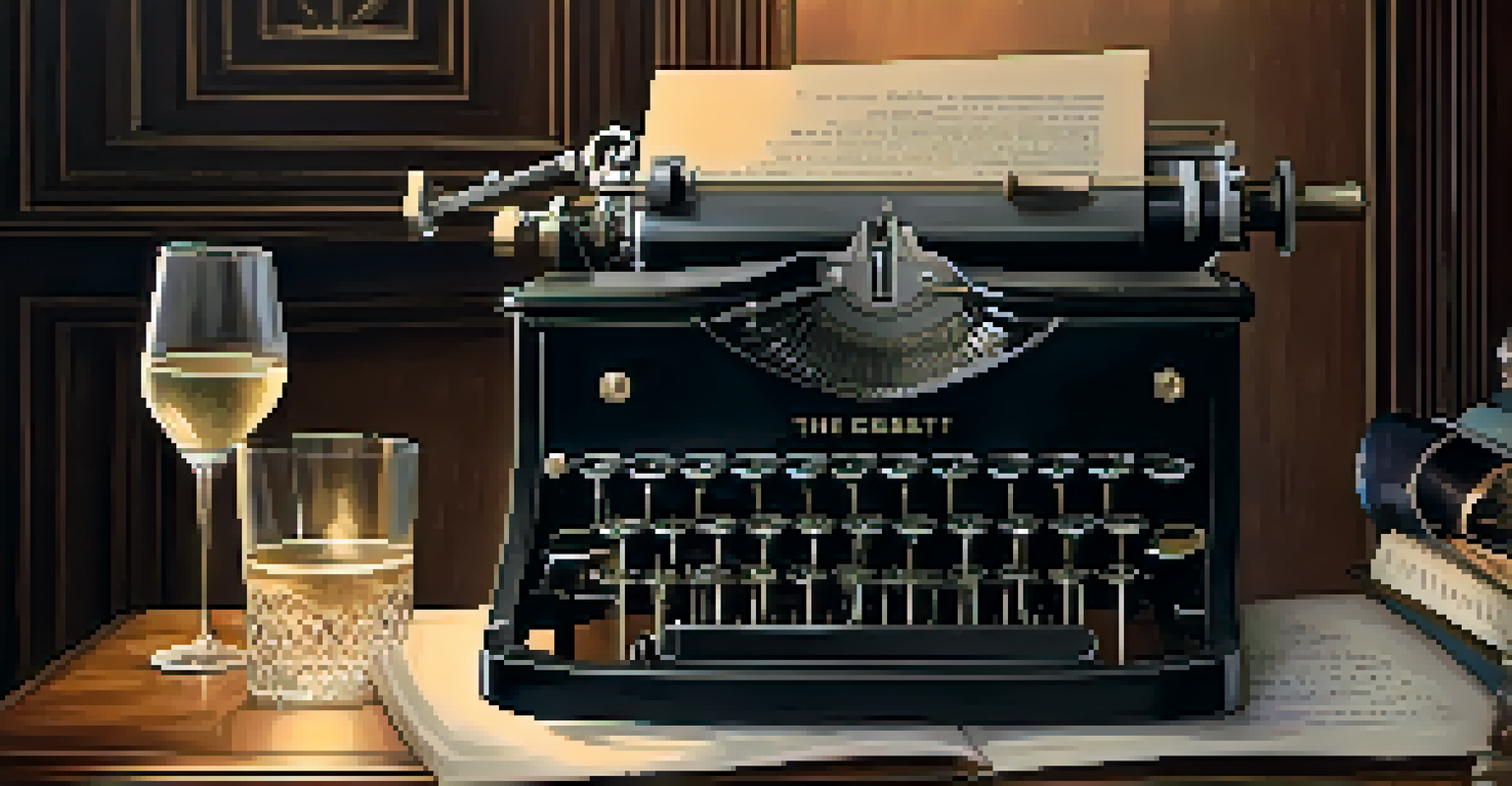 An antique typewriter with a partially inserted page featuring a quote from 'The Great Gatsby', surrounded by vintage decor including a glass of champagne and a classic book.