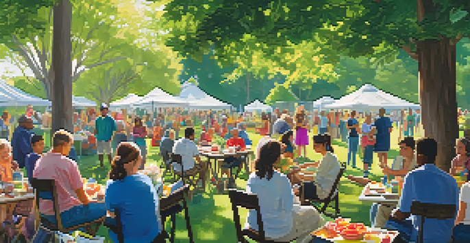 A diverse group of people participating in community activities in a sunny park, with colorful banners and greenery.