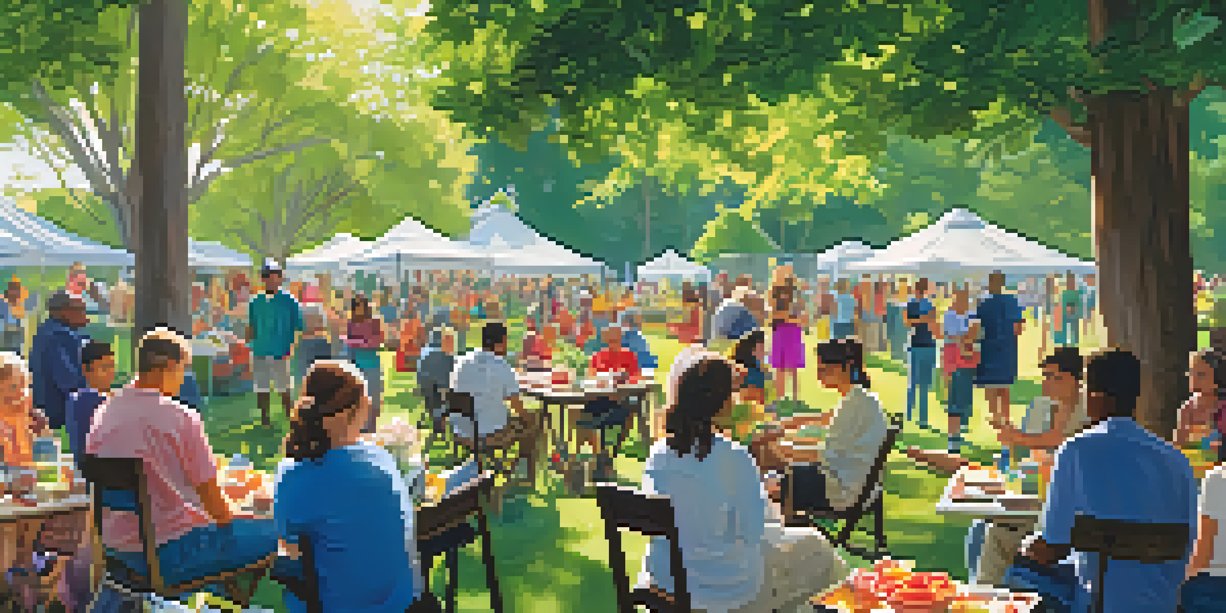 A diverse group of people participating in community activities in a sunny park, with colorful banners and greenery.