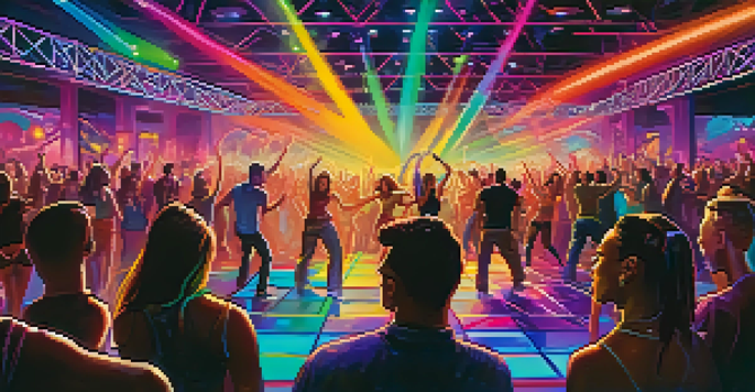 A lively club scene in San Diego with a crowded dance floor, colorful lights, and a DJ.