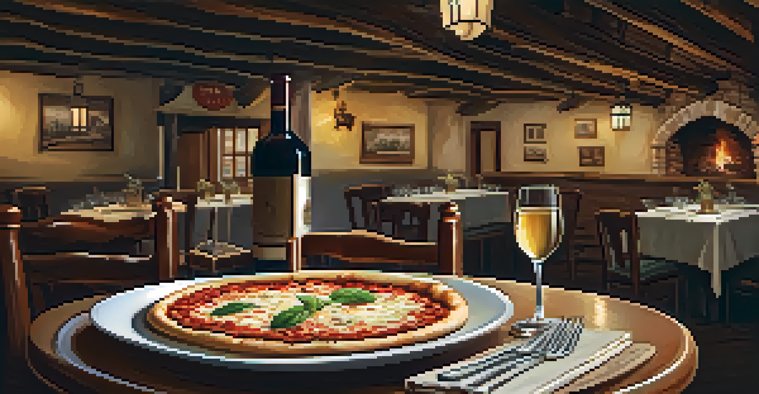 A table in a trattoria with a delicious wood-fired pizza, spaghetti, and wine, surrounded by rustic decor and warm lighting.