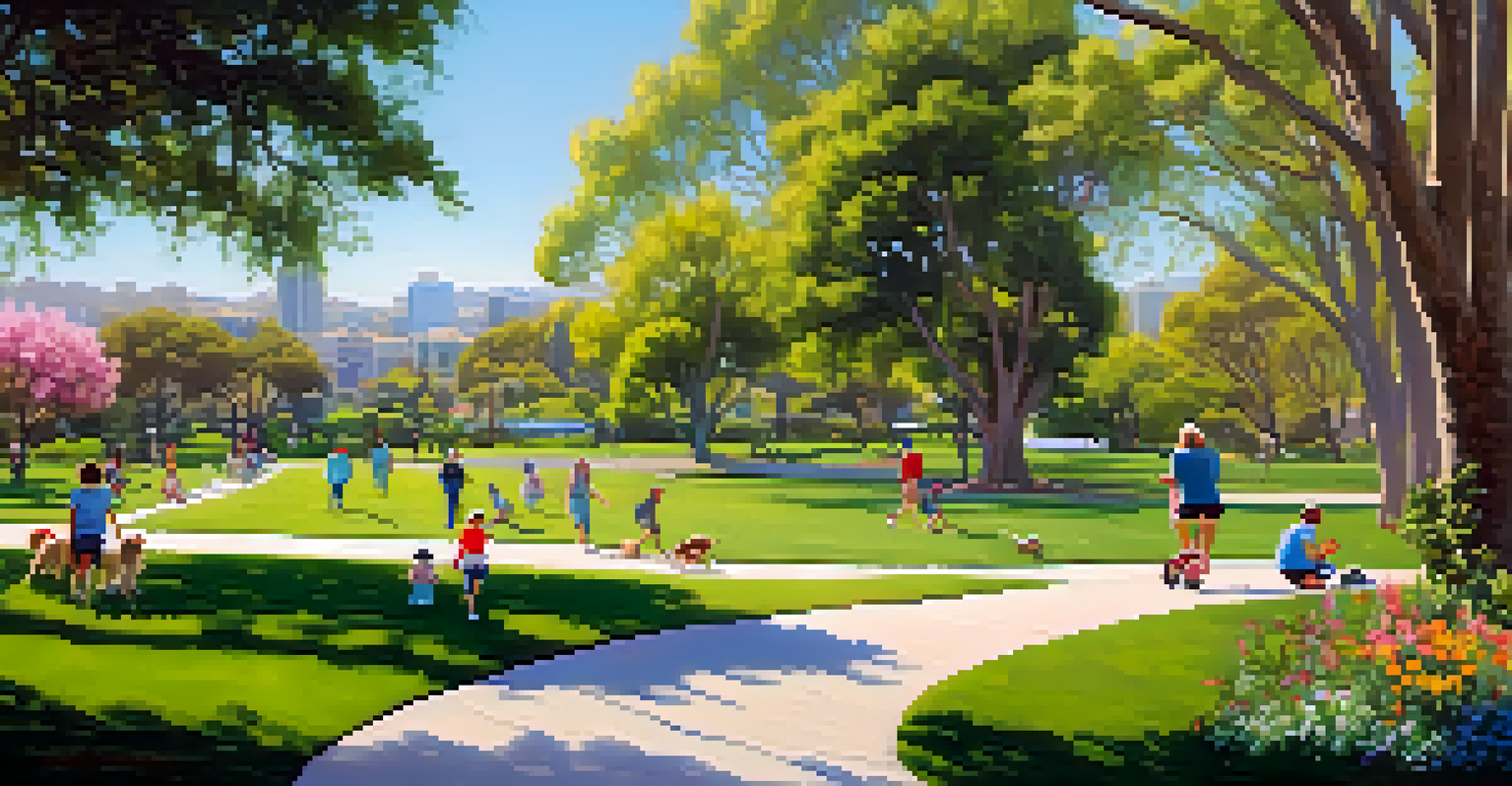 A lively urban park in San Diego filled with families, blooming flowers, and people enjoying outdoor activities.