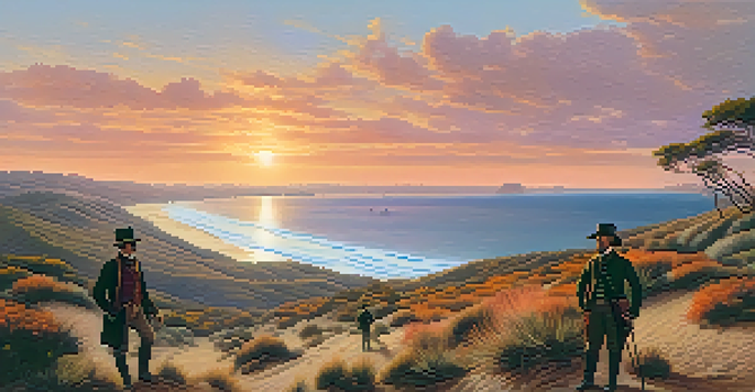A historical scene showing early American explorers in the San Diego area during a sunset, with hills and waves in the background.