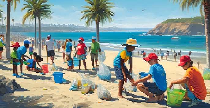 A group of diverse volunteers cleaning a sunny San Diego beach, with colorful trash bags and sparkling ocean in the background.