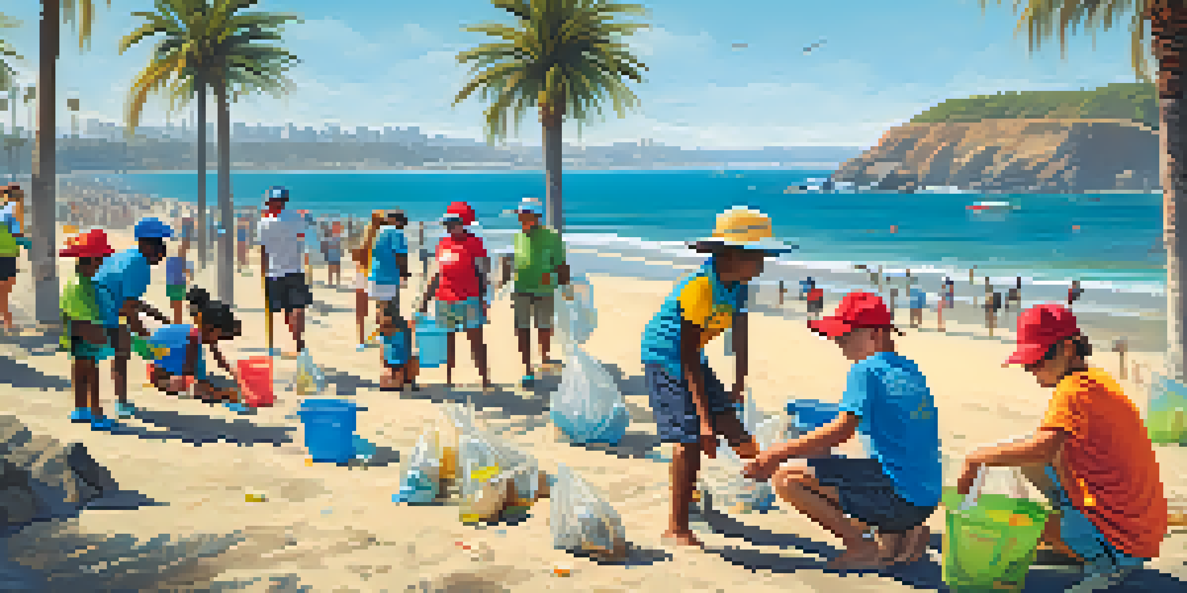A group of diverse volunteers cleaning a sunny San Diego beach, with colorful trash bags and sparkling ocean in the background.