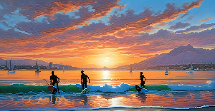 A sunset over San Diego's coastline with silhouettes of athletes surfing and sailing against a colorful sky.
