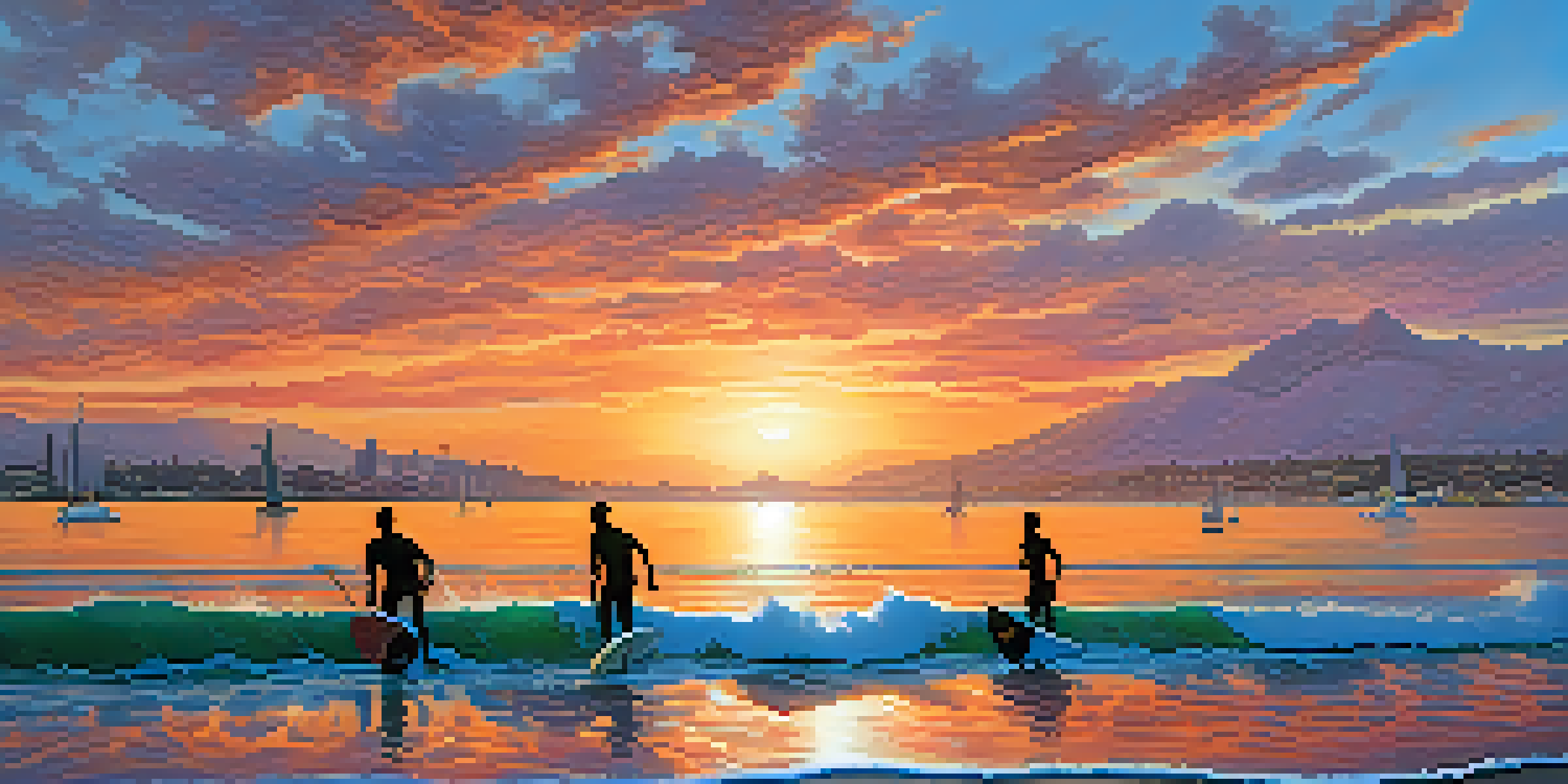 A sunset over San Diego's coastline with silhouettes of athletes surfing and sailing against a colorful sky.