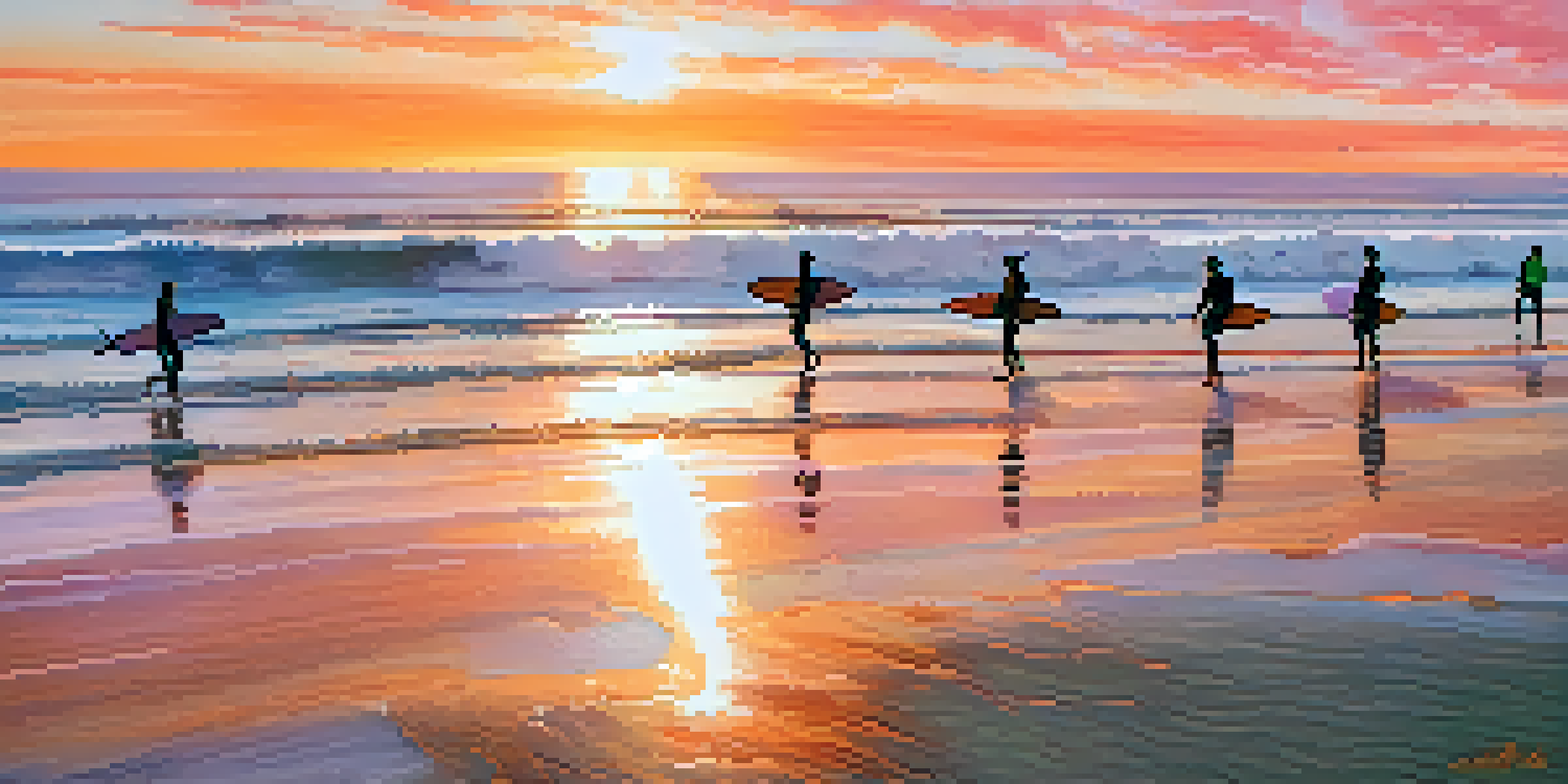 Surfers enjoying the waves at La Jolla Shores during a colorful sunset.