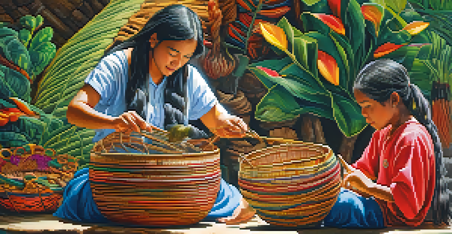 A close-up of hands weaving a colorful Luiseño basket surrounded by natural elements like twigs and flowers, illuminated by soft lighting.
