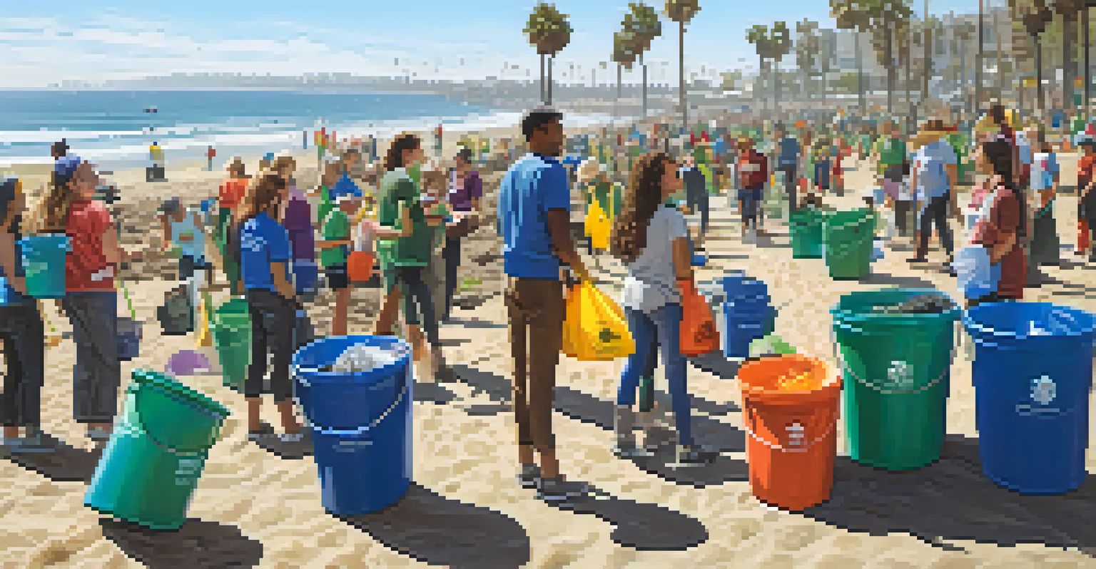 Volunteers participating in a beach clean-up event in San Diego with the ocean and palm trees in the background.