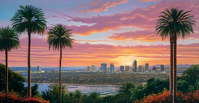 A sunset view of San Diego's skyline with modern buildings, palm trees, and the ocean.