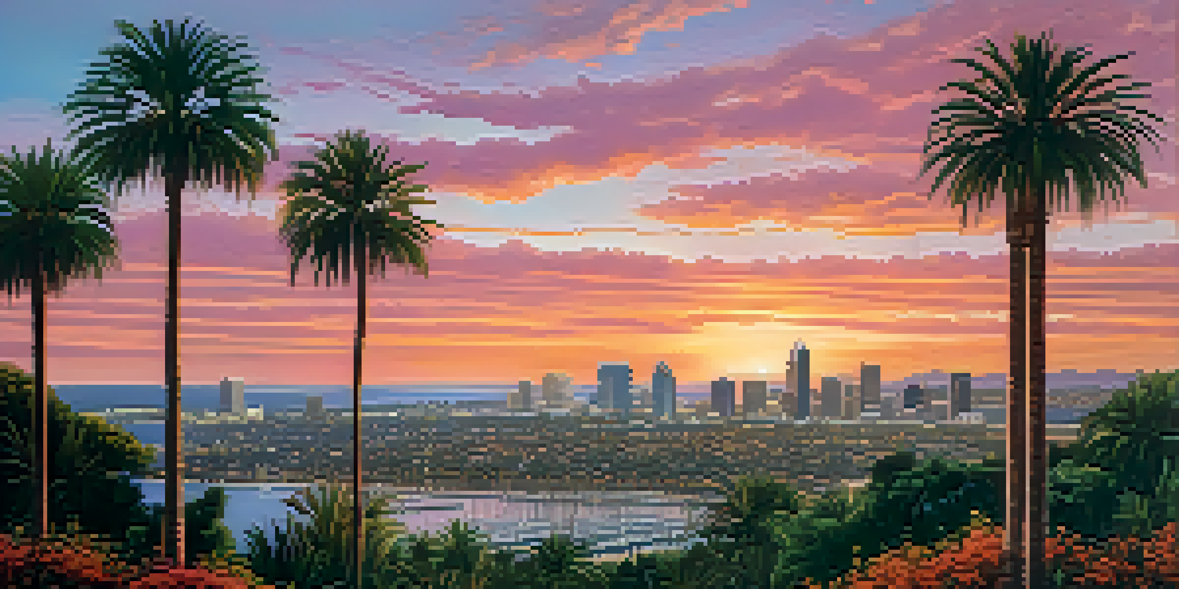 A sunset view of San Diego's skyline with modern buildings, palm trees, and the ocean.