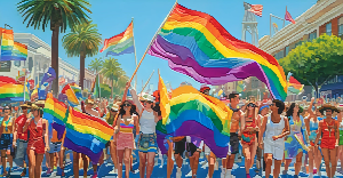 A lively parade scene with a diverse crowd celebrating San Diego Pride, wearing colorful outfits and holding rainbow flags.