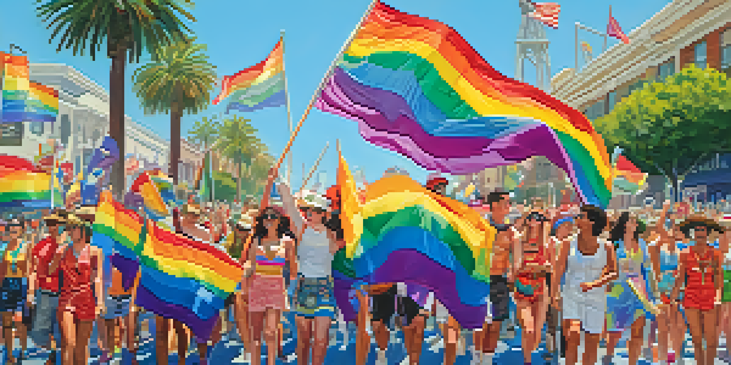 A lively parade scene with a diverse crowd celebrating San Diego Pride, wearing colorful outfits and holding rainbow flags.