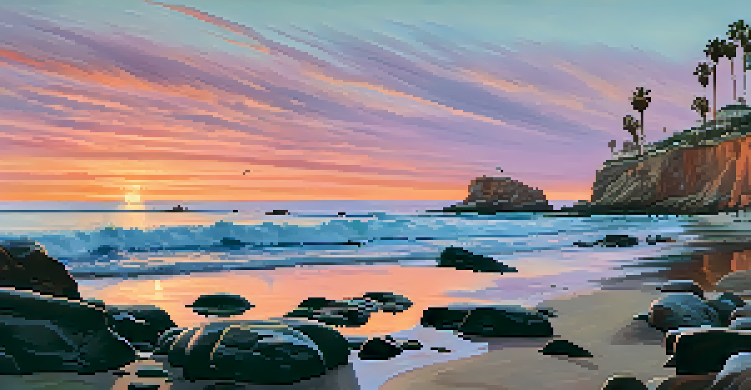 A stunning sunset over a cove with cliffs, seals on rocks, and beachgoers silhouetted against the colorful sky.