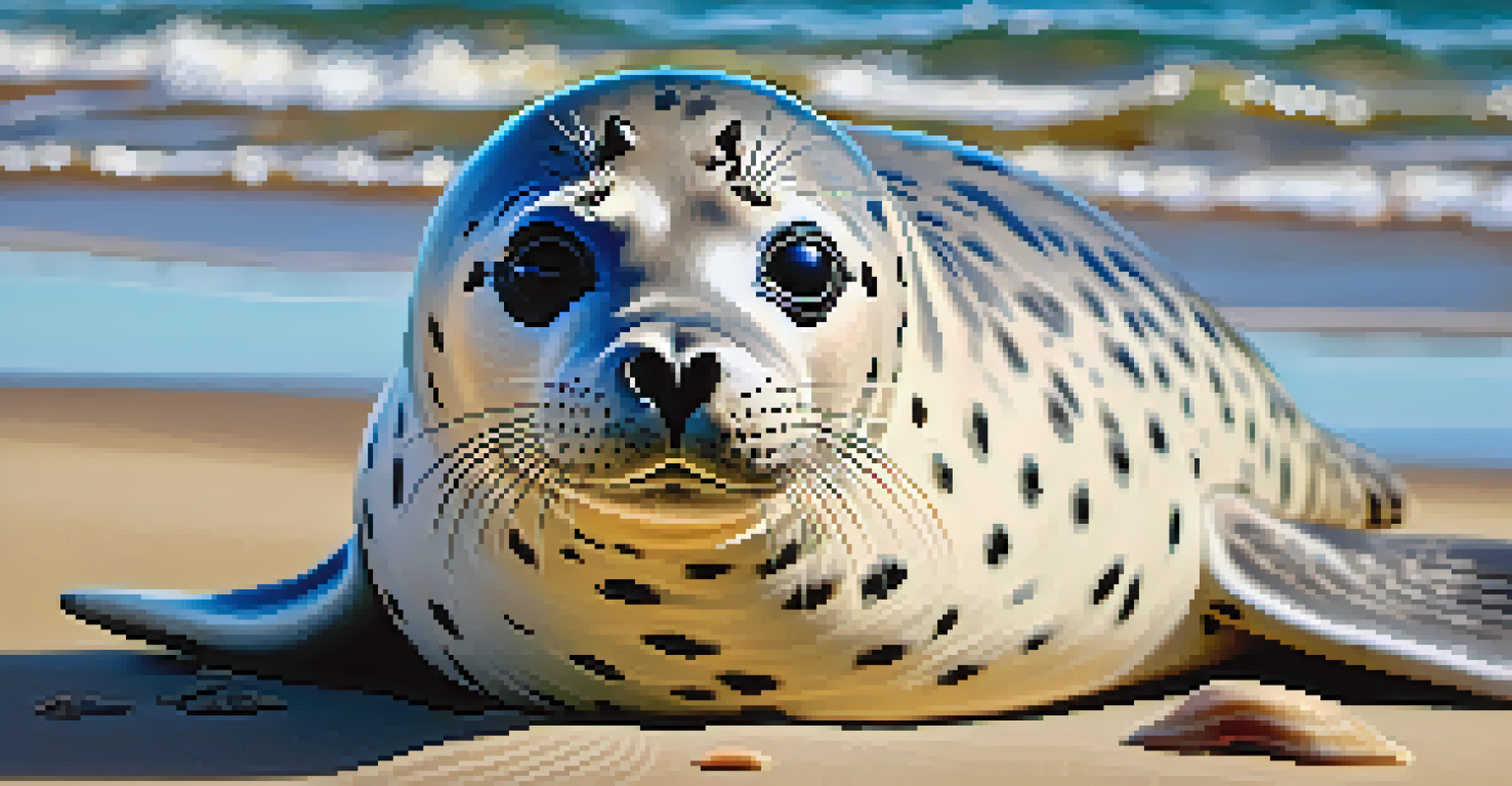 A close-up image of a harbor seal on a sandy beach, showcasing its spotted coat and gentle expression, with ocean waves in the background.