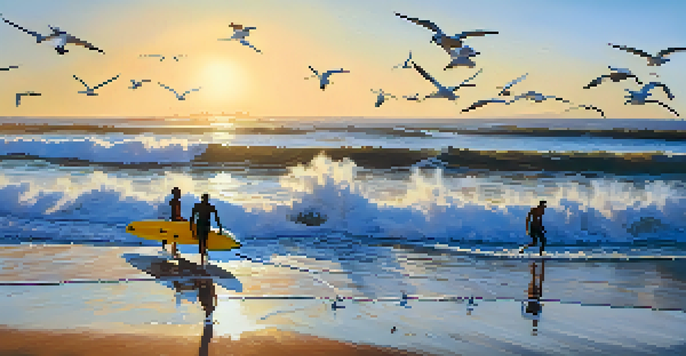 Surfers riding waves at dawn on a San Diego beach with the sun rising in the background.