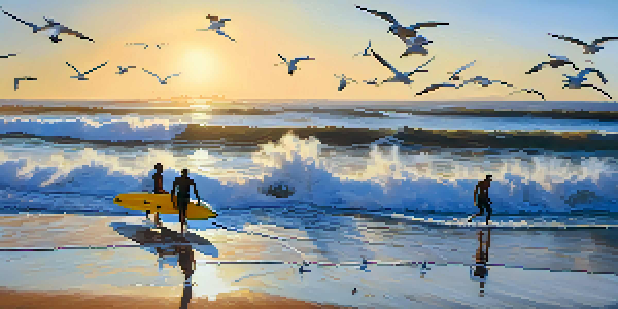 Surfers riding waves at dawn on a San Diego beach with the sun rising in the background.