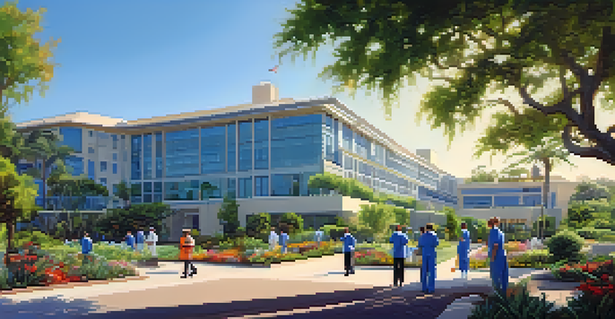 A wide view of San Diego's military hospitals with people in scrubs and patients in a garden under a sunny sky.