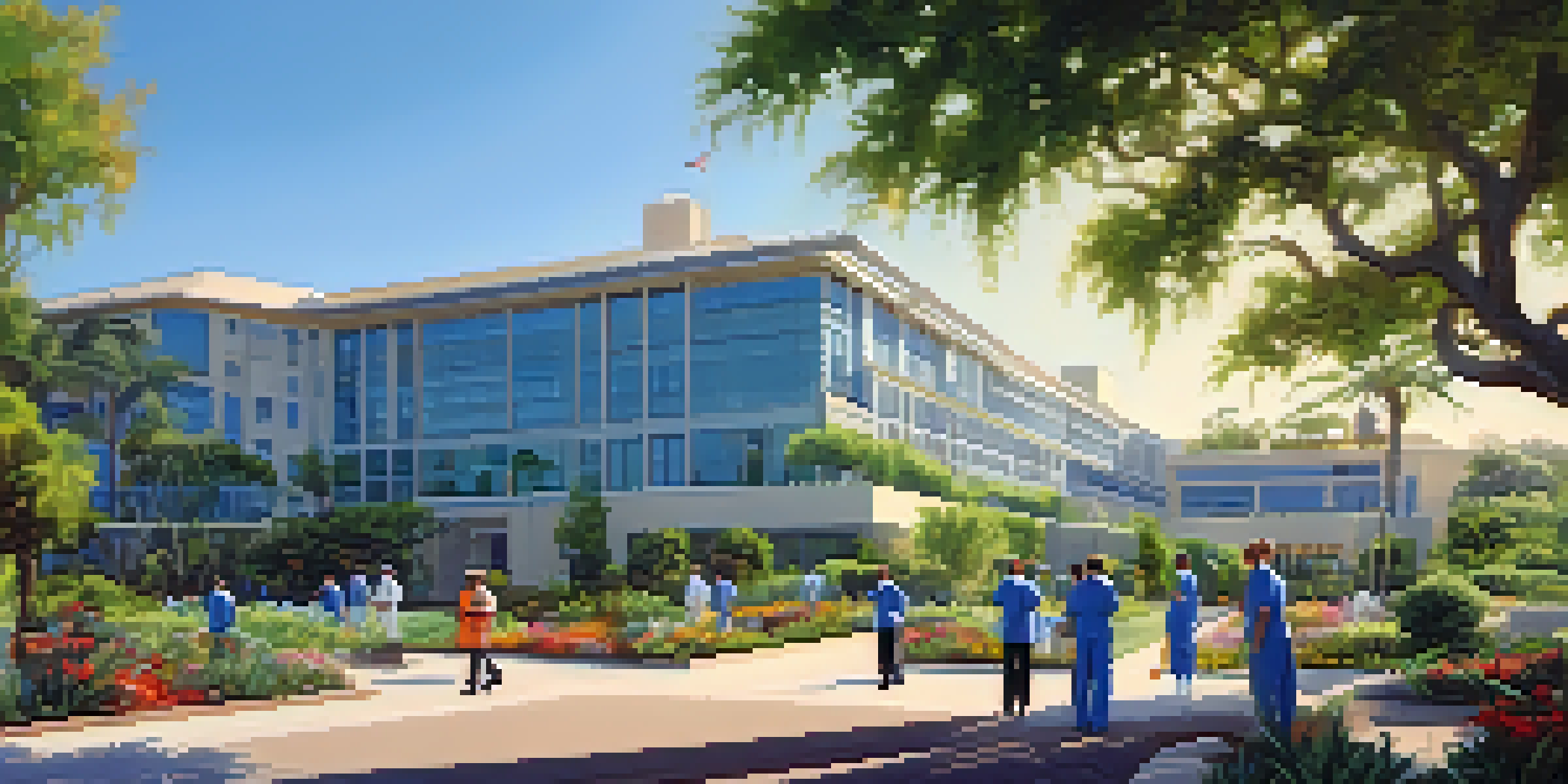 A wide view of San Diego's military hospitals with people in scrubs and patients in a garden under a sunny sky.