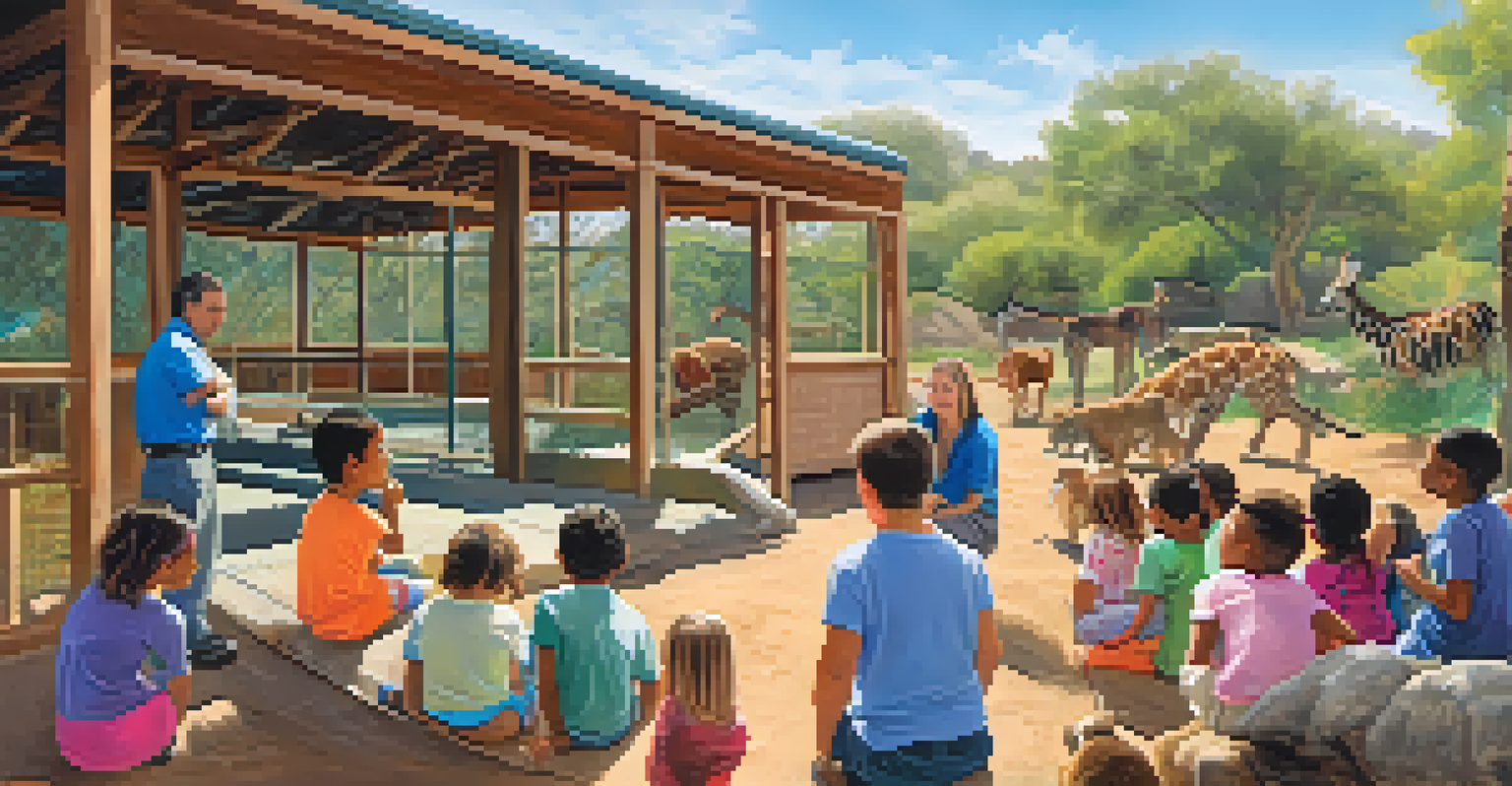 Children interacting with a guide at a wildlife rehabilitation center, learning about animal care with rescued animals in view.