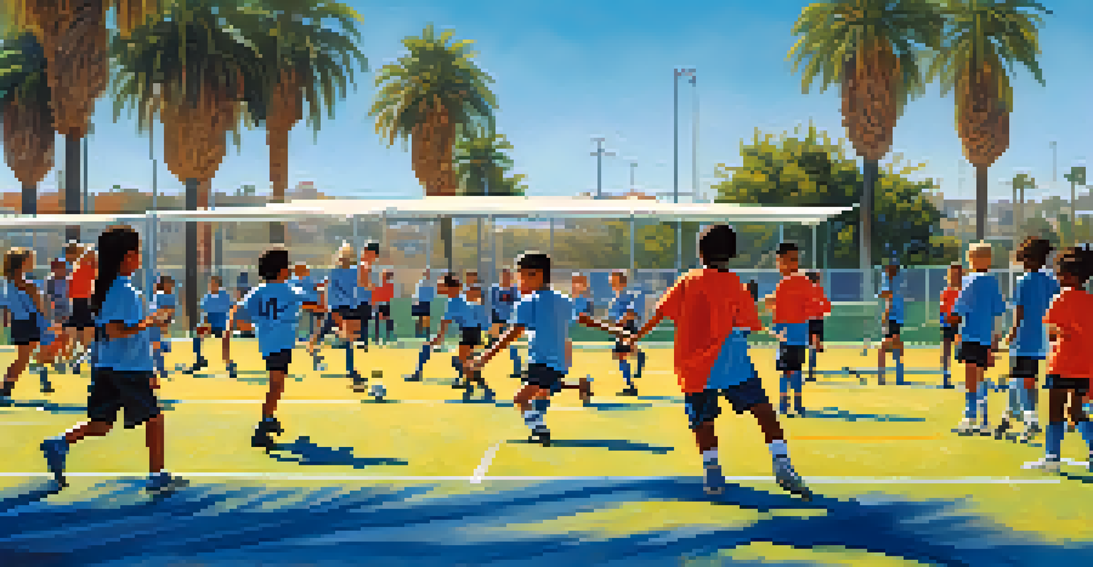 Children of diverse backgrounds practicing soccer under a sunny sky on a youth sports field in San Diego.