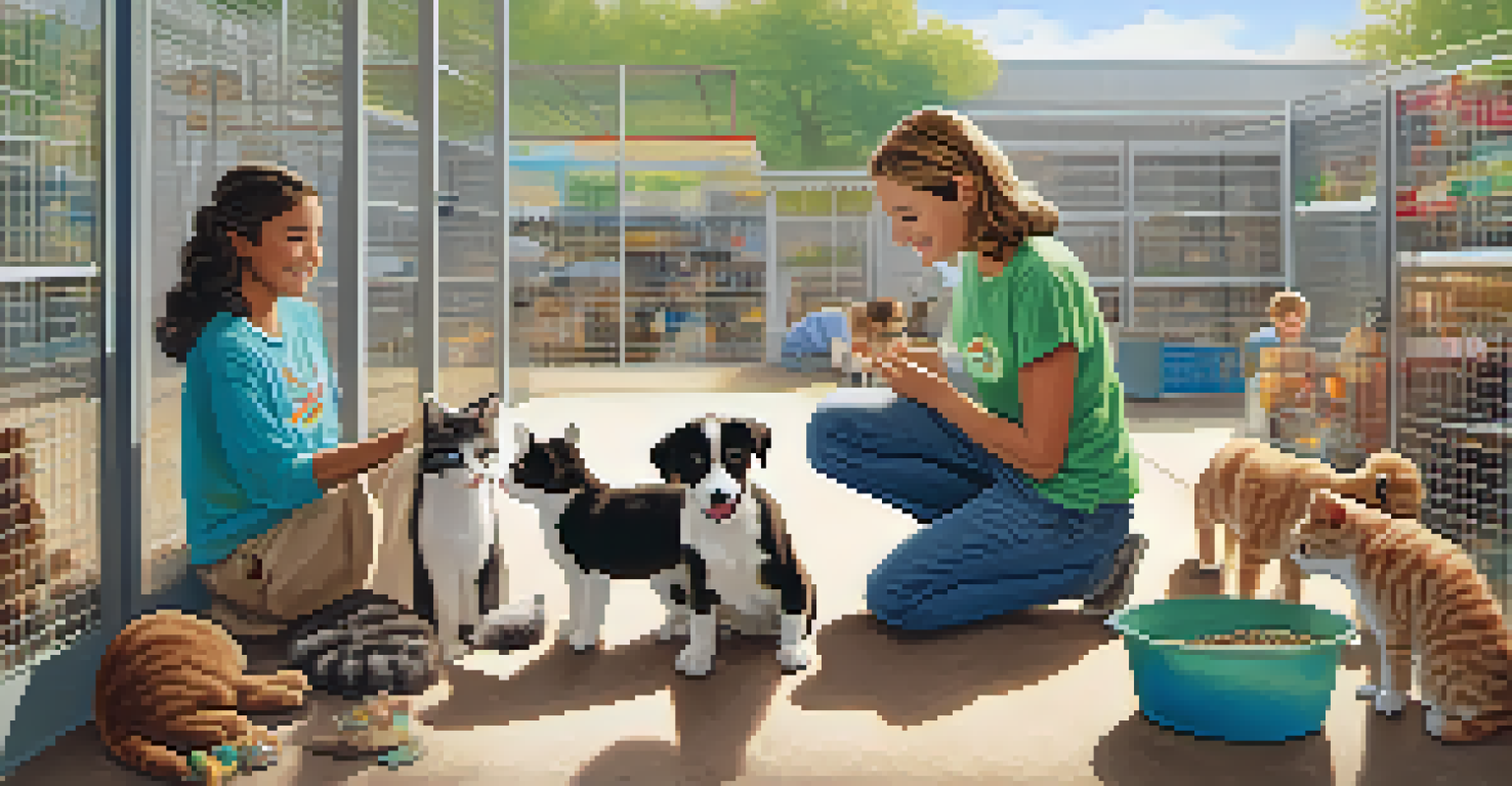 A family at an animal shelter, engaging with puppies and kittens, showcasing love and care for animals.