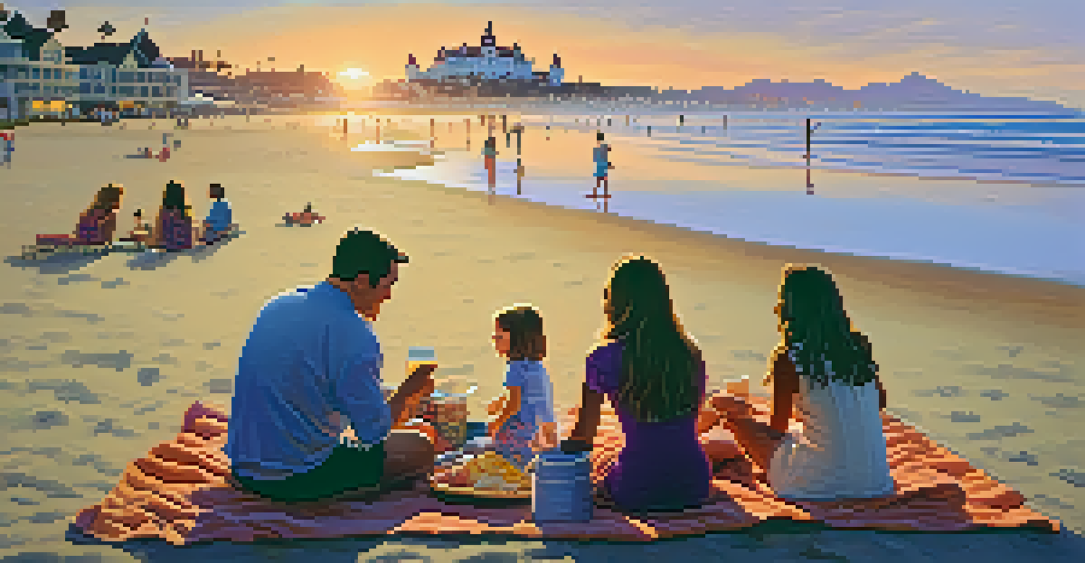 A family picnic on Coronado Beach at sunset, with the Hotel del Coronado and colorful sky in the background.