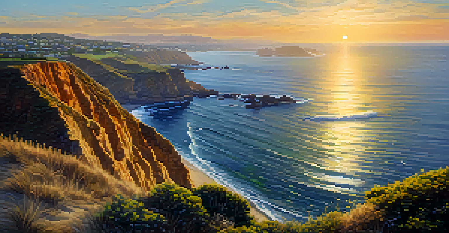 A scenic view from Point Loma during sunrise, highlighting cliffs and families exploring nature.