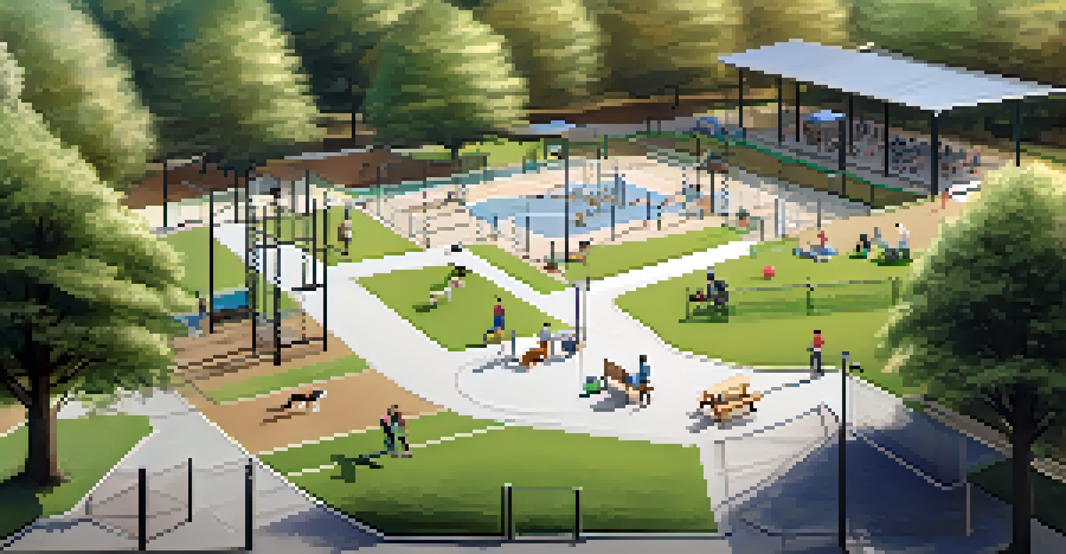 An aerial view of a well-designed dog park with separate areas for small and large dogs, featuring agility equipment and shaded spots.