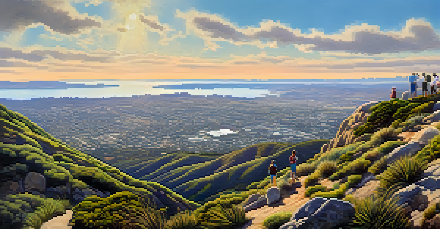 A panoramic view from Cowles Mountain summit with hikers and a clear sky overlooking San Diego.