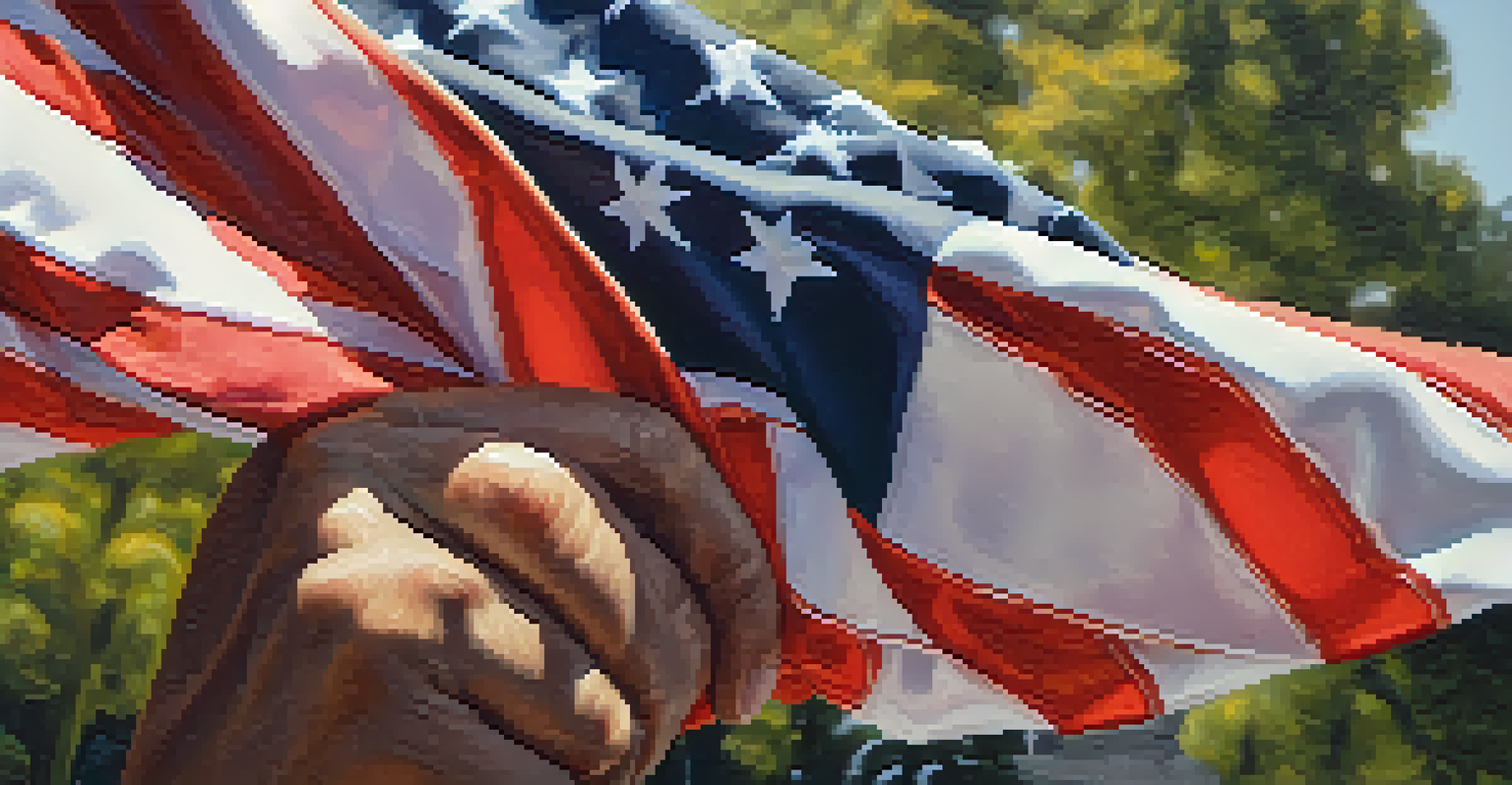 Close-up of a veteran's hands holding a folded American flag in front of a military memorial.