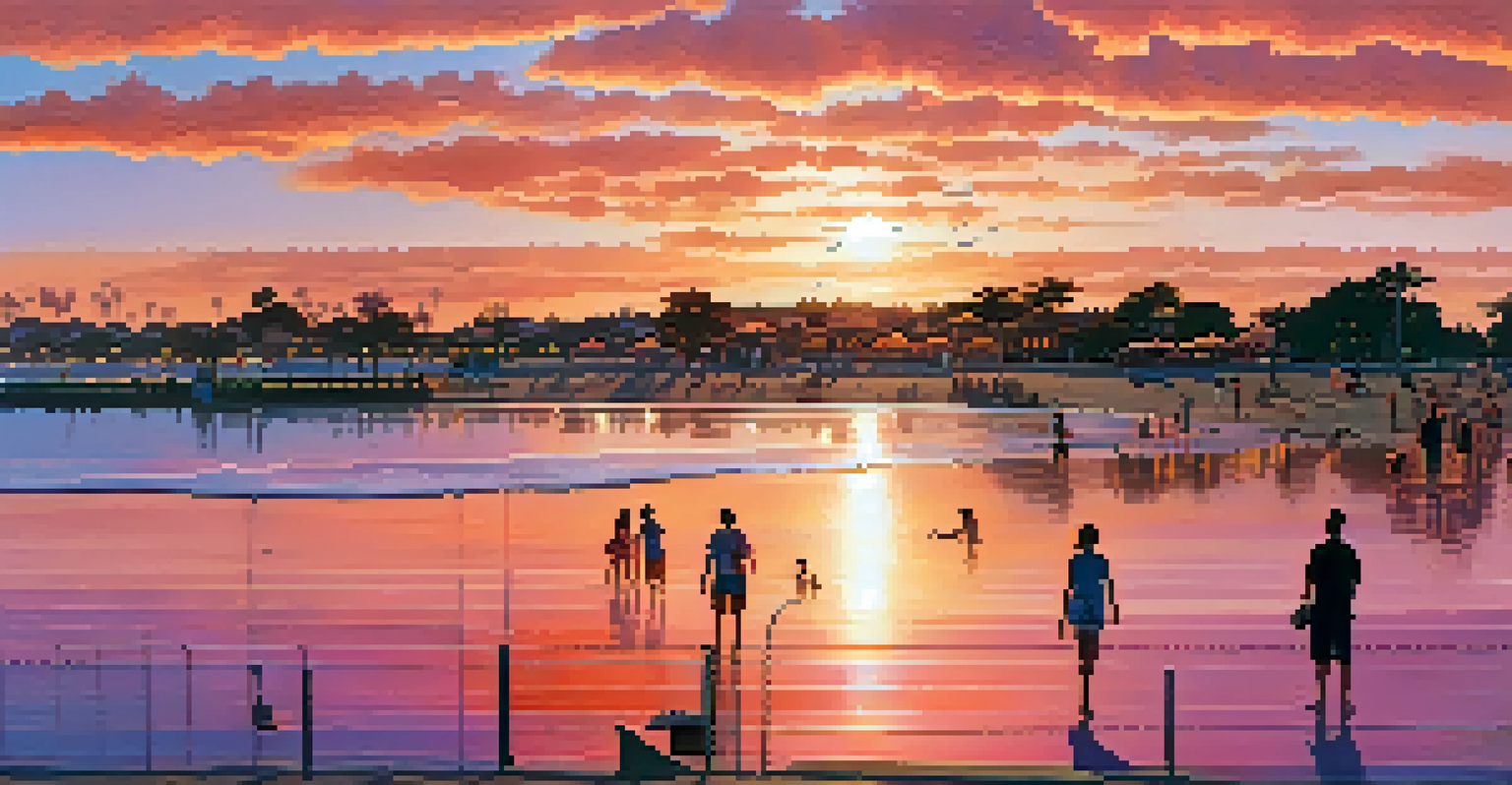 A stunning sunset over Mission Bay with colorful skies and people enjoying the beach.