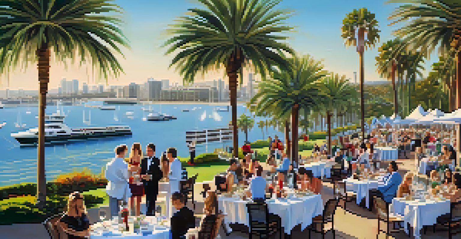 An outdoor view of the San Diego Bay Wine & Food Festival with elegantly set tables, gourmet dishes, and wine glasses by the bay.