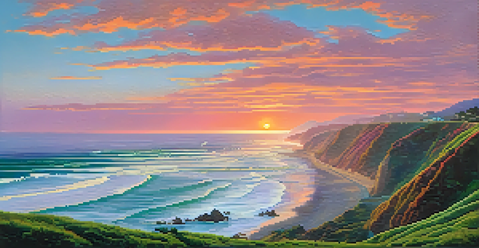 A breathtaking sunset over the Pacific Coast Highway, with colorful skies and surfers in the ocean.
