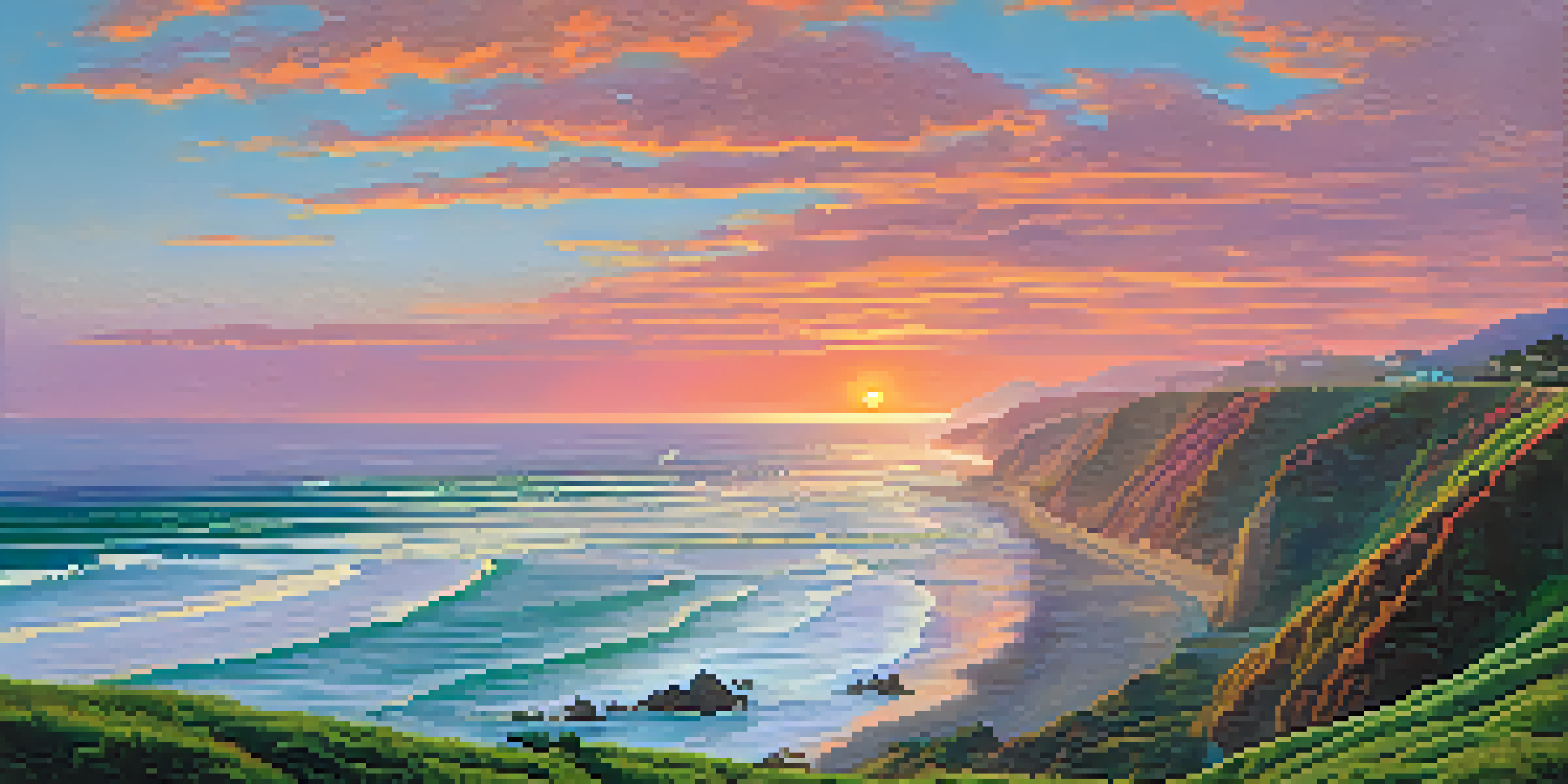 A breathtaking sunset over the Pacific Coast Highway, with colorful skies and surfers in the ocean.
