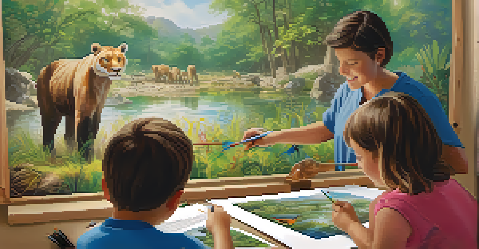 A group of children and adults at a wildlife conservation center participating in an educational workshop about animal habitats, with a wildlife expert in the background.