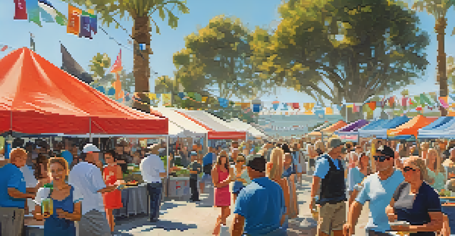 A vibrant seafood festival with attendees enjoying various seafood dishes and live music.